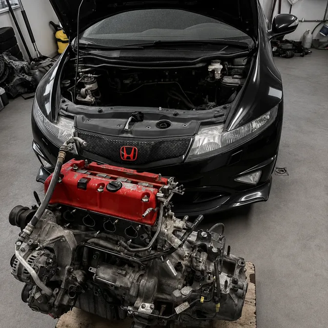 Motorswap på Honda — motor och växellåda demonterade hos JDM Racing